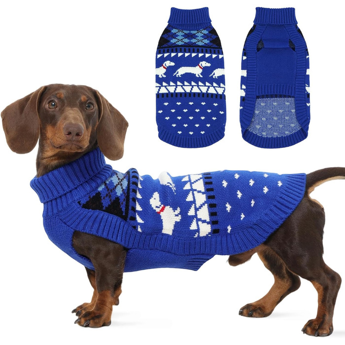 Пуловер для собак Дачхунд, теплий зимовий пуловер з візерунком, м'який трикотажний пуловер з коміром-стійкою, синій, розмір L