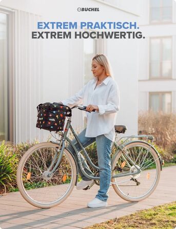 Фарбований кошик для велосипеда BÜCHEL | Кошик-сумка для покупок | Складаний | З експрес-кріпленням для швидкого встановлення та зняття | Чорний з кольоровими крапками