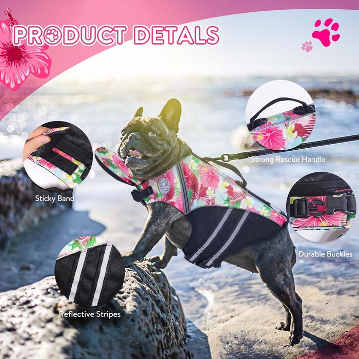 Жилет для плавання собак, Французький бульдог, жилет для собак, плавання, катання на човні, жилет для собак з поплавком на підборідді та рятувальним гачком, високоякісний жилет (обхват грудей: 43,2 см - 76,2 см, вага)