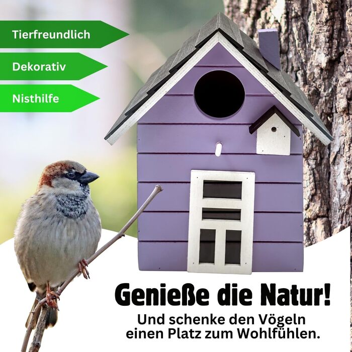 Пташник Vogelhaus No.64: для малих птахів (синиця, горобець, зяблик), декор для дому та місце для гніздування на вулиці, фіолетовий