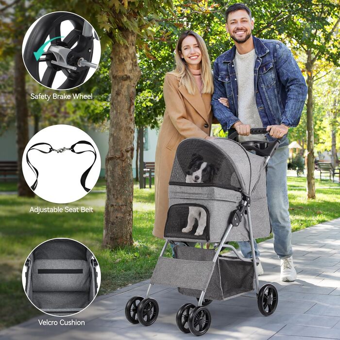 Візок для собак YITAHOME середнього розміру, 4-колісний, з кошиком для зберігання, складний, з тримачем для напоїв (сірий)
