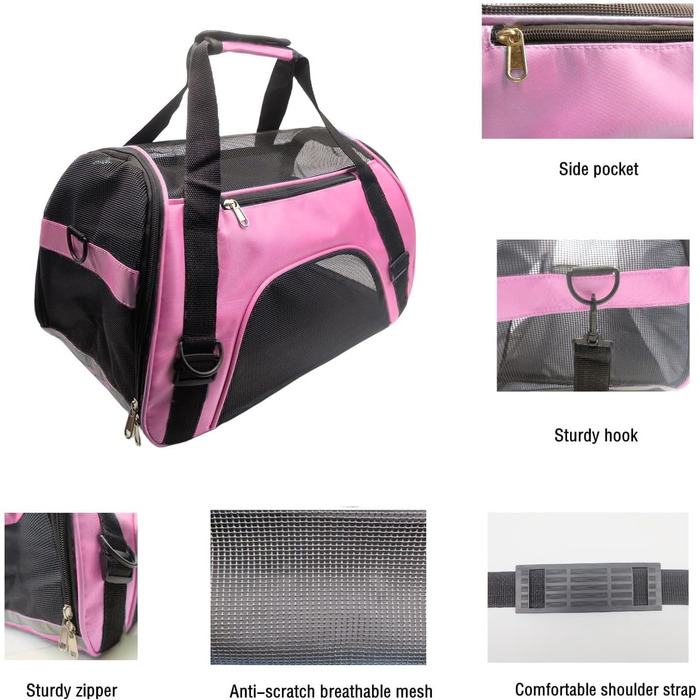 Транспортна сумка для тварин Tecageaon, схвалена авіакомпаніями, для котів середнього та малого розміру, кошенят, цуценят, собак/котів, рожева, розмір M