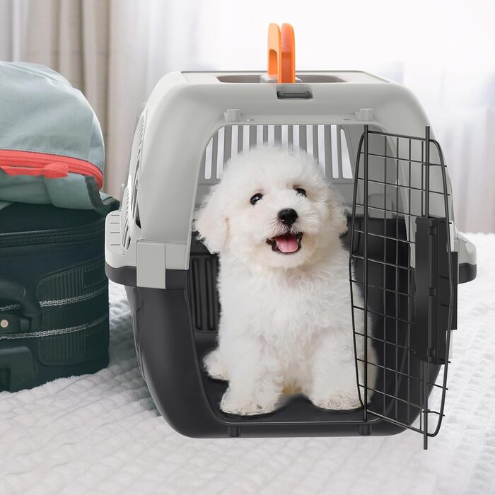 Транспортна переноска для собак та котів Aufun, 48x32x32 см, пластик з металевим ґратом, сіра+чорна