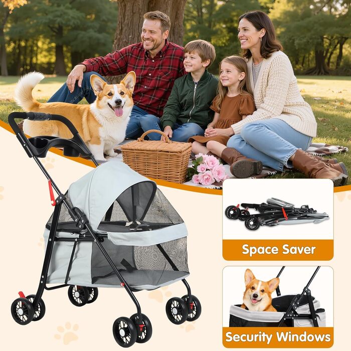 Візок для тварин: для собак та котів, складання, 4 колеса, сірий