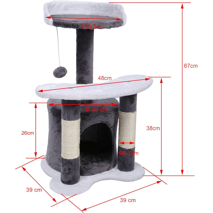 Дряпалка для котів Wiltec 67 см, чорно-біла, з сизалю, платформою, будиночком та іграшкою, крізьбаум для котів
