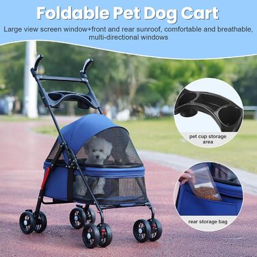 Легкий та складаний переносний візок для собак, блакитний. З сонцезахистом, гальмами та місцем для зберігання (до 10 кг)
