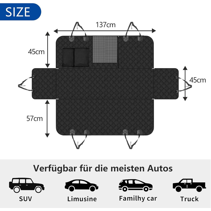 Захист для заднього сидіння авто для собак - водовідштовхуючий, антикіготок, універсальний, з боковими захистами та віконцем - чорний