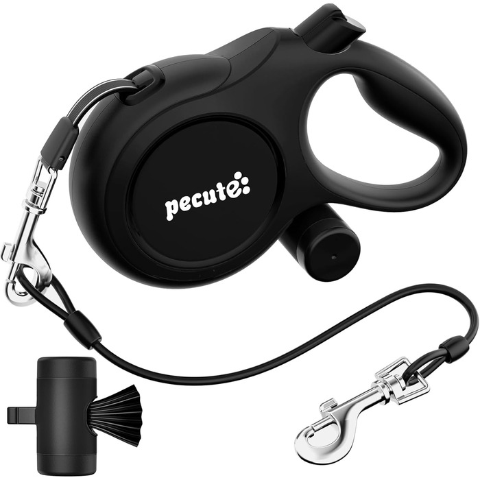 Рулетка для собак Pecute 8м, бісостійка, з набором для збору відходів, 360° без перекручування, чорна (до 50кг)