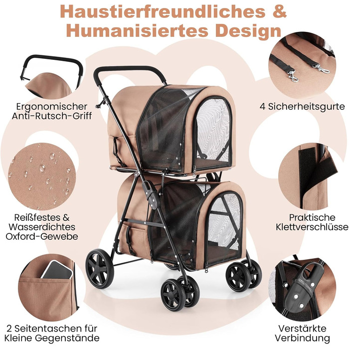 GYMAX Складаний візок для собак, буги для тварин з 2 знімними кишенями, візок для собак з передніми та задніми дверцятами, переноска для домашніх тварин з сітчастою тканиною та колесами з гальмом, переноска для собак та котів (Бежевий)