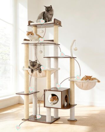 Дерев'яний котячий комплекс Heybly Kratzbaum HCT121WB (Vintage-Braun), 179 см, з будиночком, гамаком та сизалевими стовпчиками