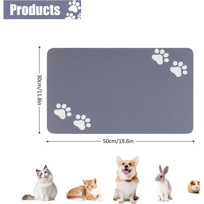 Килимок під миску для собак та котів, суперпоглинаючий, нековзний, миючий, 30x50 см (Сірий)