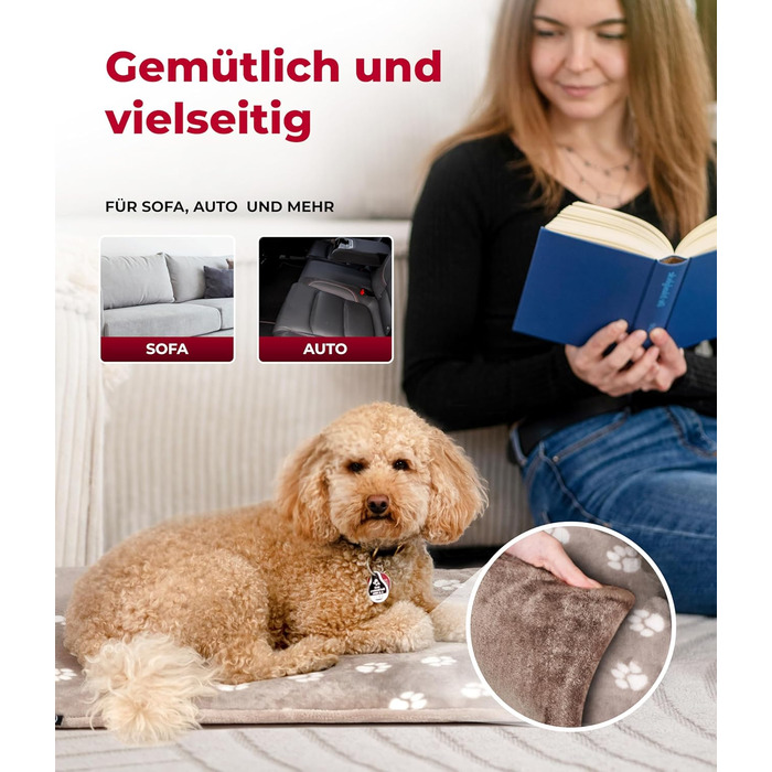 Лежак для собак HS-Hundebett® M 65x95 см, двосторонній, м'який, 3 см наповнювач, для дивану, авто та клітки, лапка, бежевий, вироблено в Німеччині