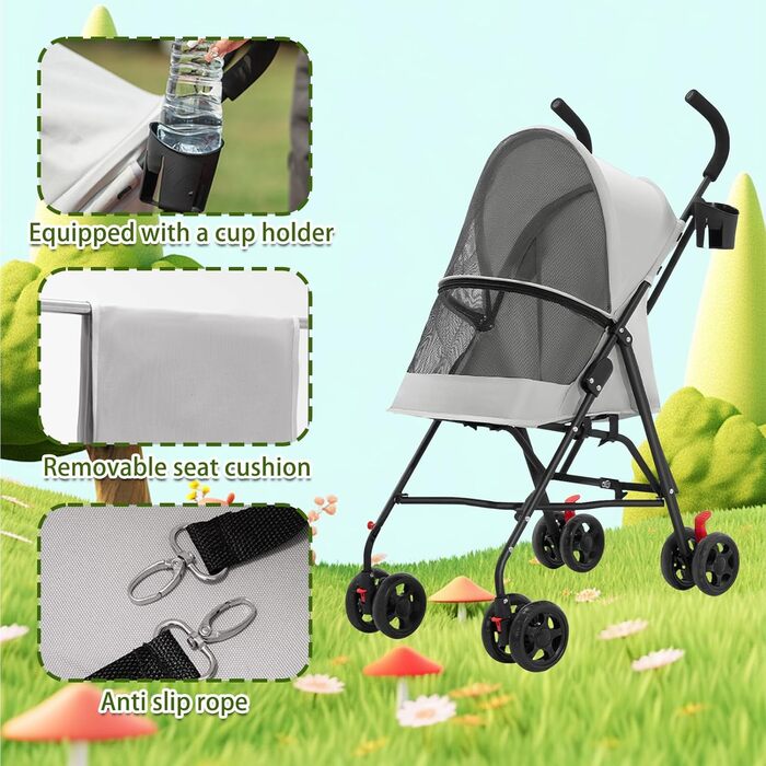 Дитяча коляска для тварин з підстаканником, переносна сумка для собак та котів, складана, до 15 кг (сіра)