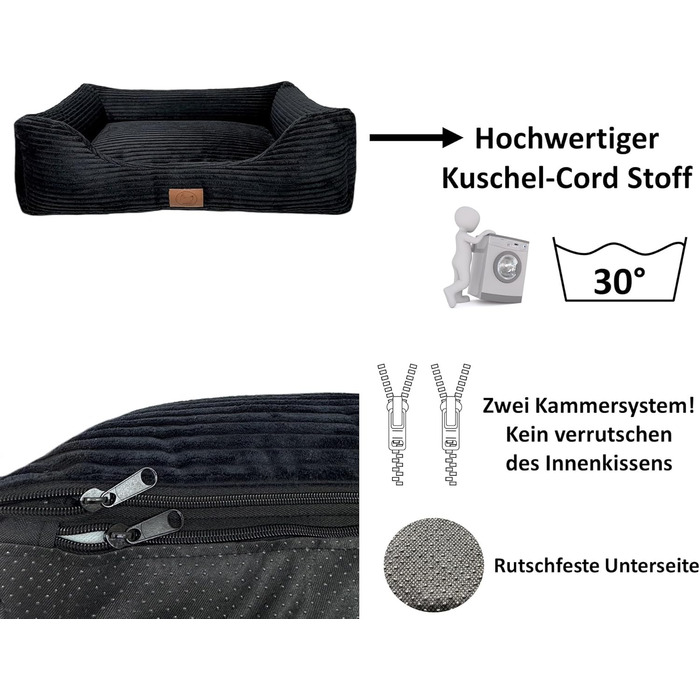 Ортопедичне ліжко для собак Elropet з м'якого корду, кошик для собак (Чорний, S (75x55x20cm))