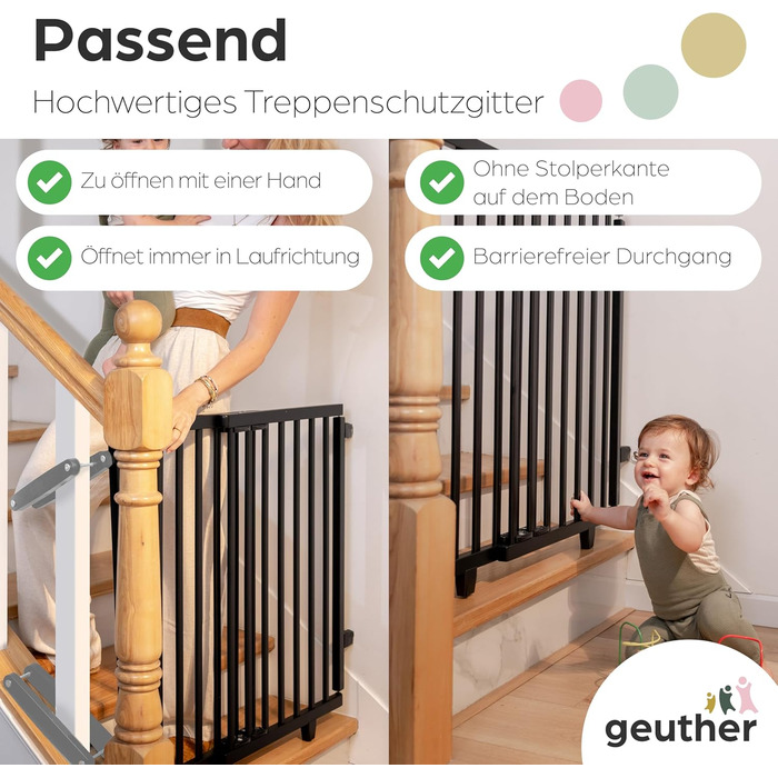 Захист для сходів Geuther Oris | Дверний захист для сходів з кріпленням, 2 клямки для поручнів, ширина, стабільне дерев'яне дитяче ворота, натуральний лак (чорний, 95-135 см)