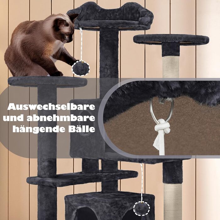 Кігтеточка-кімнатний комплекс Yaheetech 139 см, чорний, з 3 платформами, 3 стовпчиками, 2 хованками та іграшками