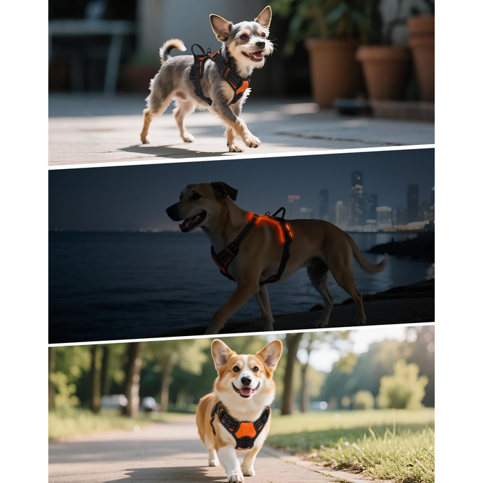 Світловідбиваючий нашийник для собак Joytale з LED, для середніх та великих собак, без натягування, з ручкою, регульований, для нічних прогулянок, зелений/помаранчевий, M/XL