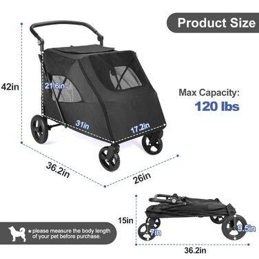 Візок для собак великих порід, подвійна ємність, візок-кі коляска для собак та дітей, складний, на 4 колесах (P04CX-Schwarz)
