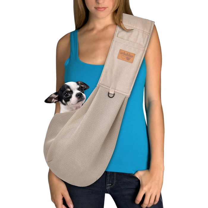 Сумка-переноска для собак з дихаючої сітки, регульований ремінь, сумка з кишенею, переноска для собак для подорожей на відкритому повітрі (Бежевий-L)