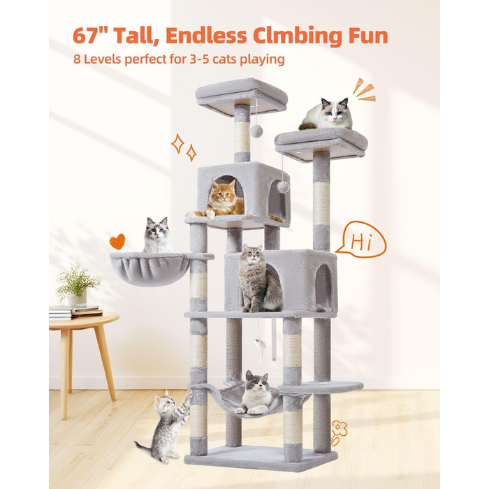 Дерево для котів Taoqimiao 170 см, велике, з будиночками, гамаком, корзиною, 8 стовпчиками для шліфування, 2 платформами, сірий MS013W