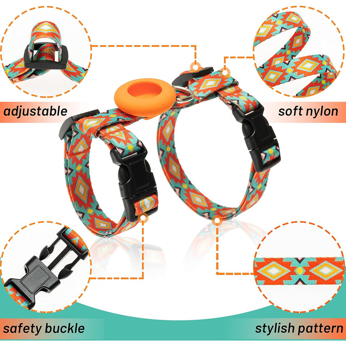 Шлейка та поводок для кота, анти-вислизання, для прогулянок, подорожей, на вулицю, м'який нейлон, регульована, милий комплект шлейки з тримачем Airtag, для кошенят та дорослих котів. Розмір шиї: 19-30 см, груди: 27-46 см, Помаранчевий колір