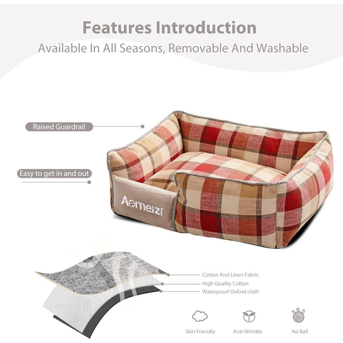 Ортопедичне ліжко для собак PETCUTE великих порід, кошик знімний, миється, антиковзаюче дно, м'яке диван-ліжко, сірий/червоний (XL, Класичний)