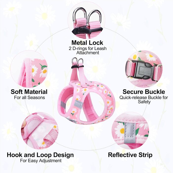 Нашийник та поводок для собак та котів BeautyzOO, м'яка сітка, світловідбиваючий, для маленьких та середніх цуценят, в клітинку, XS/S, (41-46см обхват грудей), рожевий, з квітковим принтом