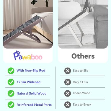 Рампа для собак Pawaboo, складана, дерев'яна, регульована висота (13.6'-21'), для маленьких собак та котів, з антиковзною поверхнею, для ліжка/дивану, сіро-фіолетовий