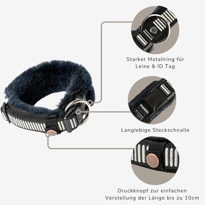 Інноваційний нашийник для собак CHRIS з ланолінової вовни, зменшує випадіння шерсті, з підкладкою, світловідбиваючий, регульований, для собак малих, середніх та великих порід, розміри M (35-45см), L (45-55см), XL (55-65см), колір антрацит