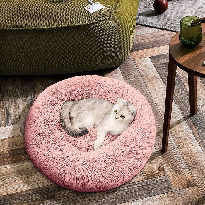 OKPOW Крізьке ліжко для собак: м'яке, кругле ліжко для цуценят, анти-страх, комфортне ліжко для котів, плюшеве ліжко для домашніх тварин, пральне, Ø60см, рожеве (M)