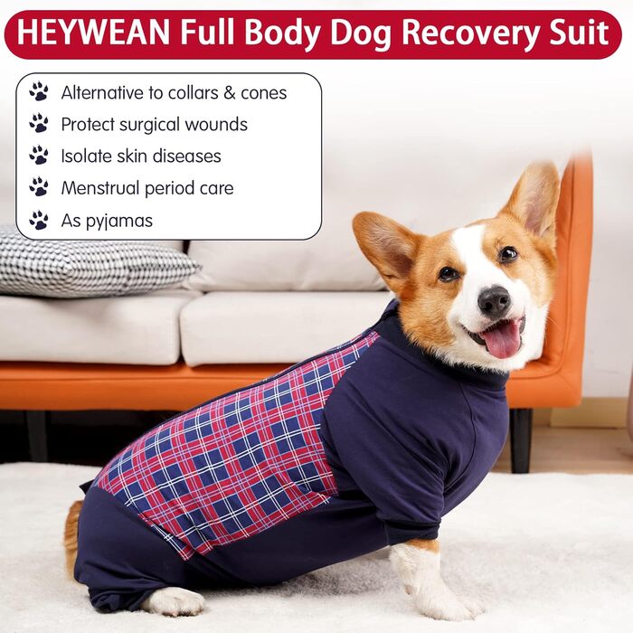 Корпус для собак після операції Heywean: знімна сорочка для собак з блискавкою, для собак після кастрації (для сук та самців), післяопераційний одяг для собак, піжама для собак (XXXL, червоний в клітинку)