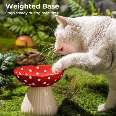 Підвищений годівниця для котів, керамічна миска у формі гриба, широка та плоска миска для котів на підставці, миска для котів, що запобігає блювоті, миска для кошенят та літніх котів (червона)