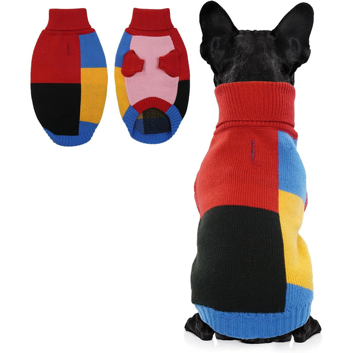 Вовняний пуловер для собак Hjumarayan, вінтажний стиль, отвір для повідка, блоковий колір, пуловер з коміром-стійкою для маленьких собак, теплий, червоний S