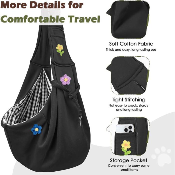 Pawaboo Сумка-переноска для собак та котів, 12lbs, квіти + чорний, регульований ремінь