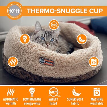 K&H PET PRODUCTS Термо-лежак для котів і малих собак, круглий, з підігрівом, для дому, велике тепле ліжко для котів