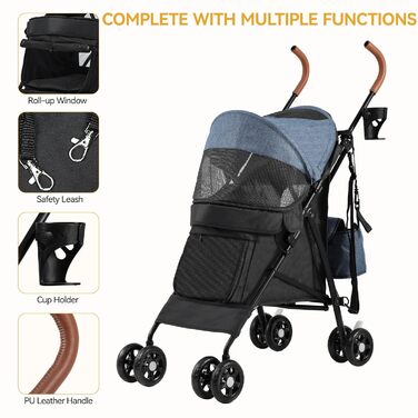 Візок для собак та котів DWVO, 11.3 кг, складаний, з подушкою та кошиком для зберігання, блакитно-чорний (45x80x103 см)