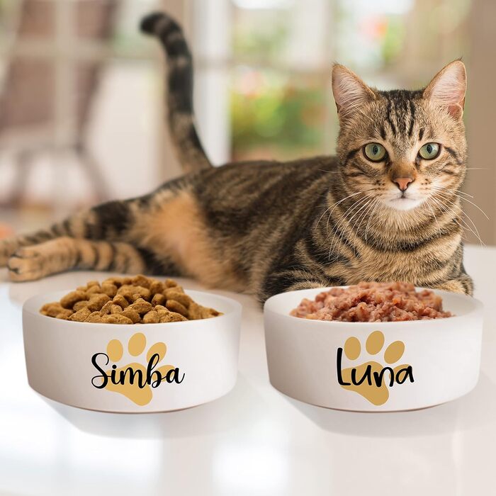 Керамічний двомісний набір мисок з іменем або текстом для собак та котів 'Велика лапа' - персоналізований набір мисок з/без підставки | Миска для собак, годівниця, миска для котів | Годівниця (2 x 500 мл)
