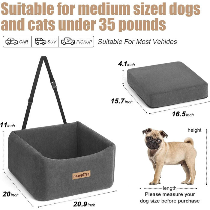 Автокрісло для собак середніх порід до 15 кг з ременем безпеки, сіре, знімний та миючий чохол