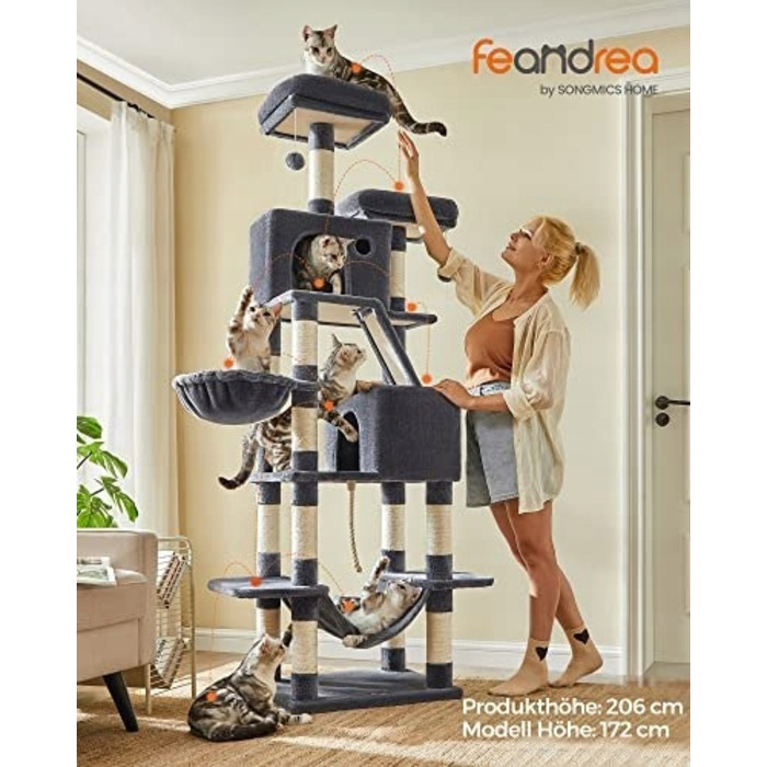 Високий когтеточка-комплекс Feandrea: ігровий центр з лежаком та стовпчиком для кігтів, 161 - 220 см