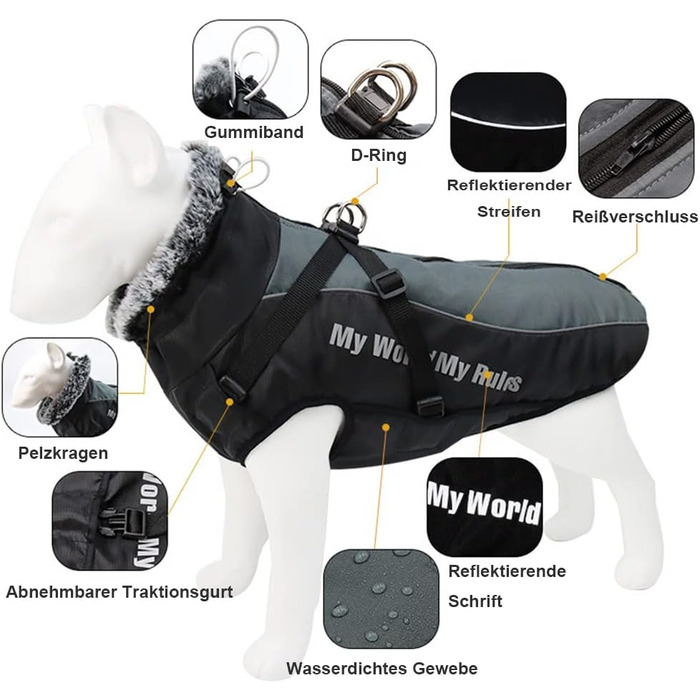 Водонепроникна куртка для собак на зиму, 6XL, сіра. З кріпленням для повідка, регульована, для великих і середніх собак. Ідеально для занять спортом на відкритому повітрі.