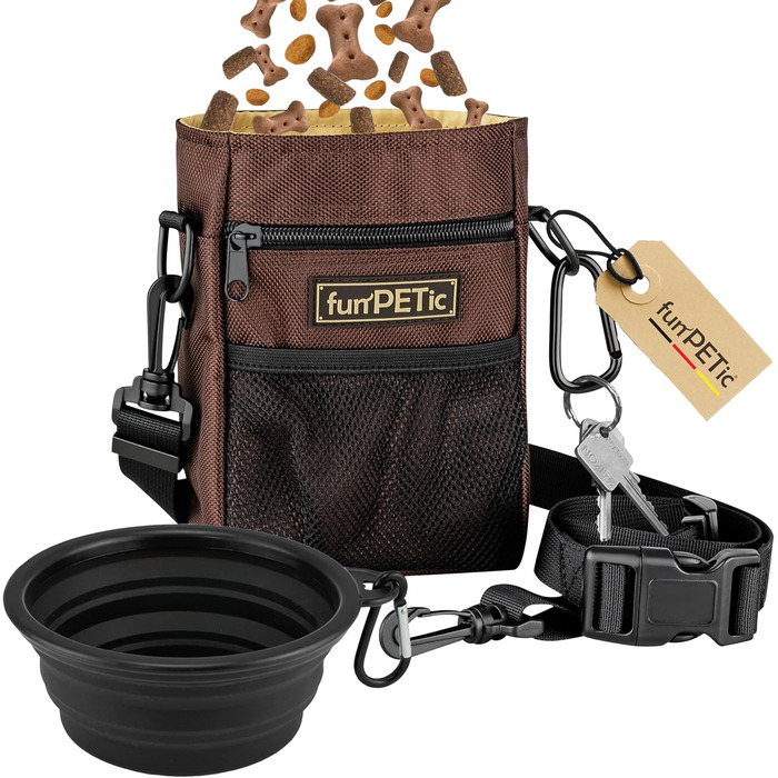 Набір для годування тварин funPETic: сумка для ласощів та складна миска з силікону. Сумка для корму з 4 відділеннями, варіанти носіння, карабін у подарунок. Ідеально для собак, коней та дресирування.