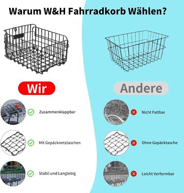 Задній велосипедний кошик W&H складний, великий металевий, з аксесуарами для монтажу, сіткою та відбивачем. Підходить для собак, покупок, пікніків