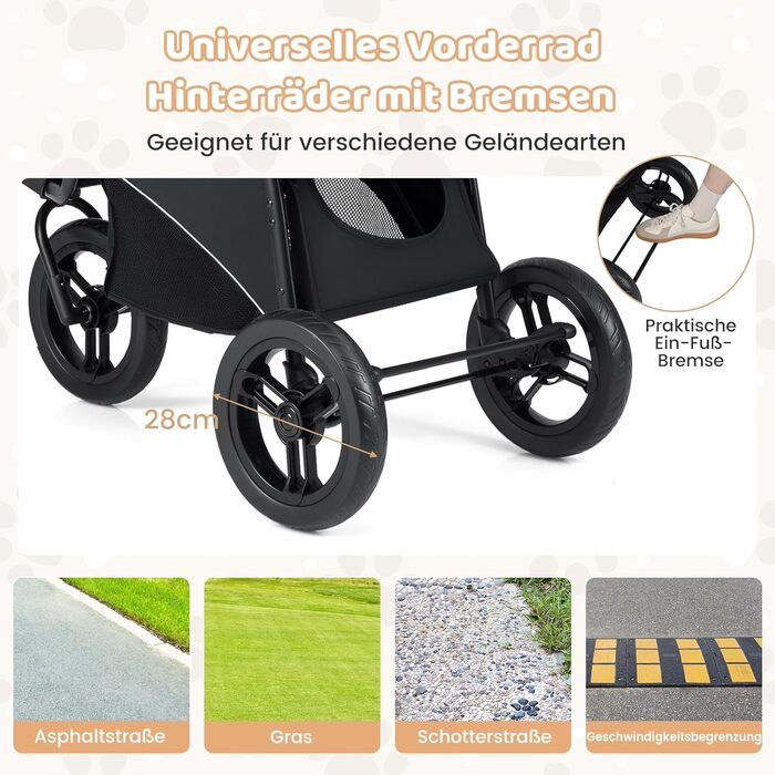 Візок для тварин Costway, розкладний, до 25 кг, для собак та котів, 3 колеса, регульований дах, сітчасте вікно, кошик та подушка, сірий