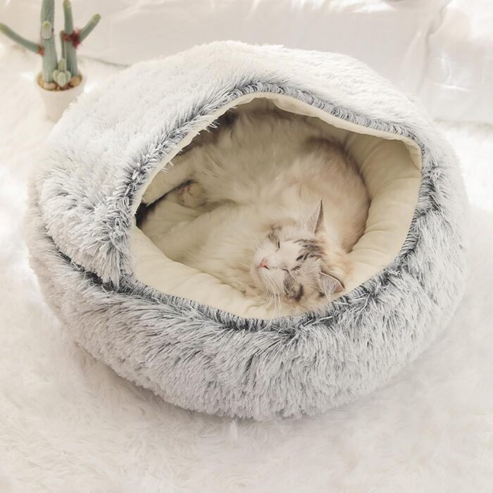 Кругла лежанка-будиночок для котів та собак, м'який плюш, з капюшоном, 60x60 см, колір кавовий