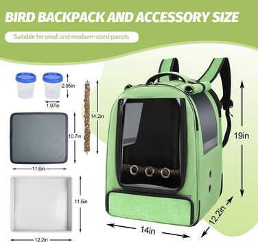 Рюкзак-переноска для птахів Vogel-Rucksack з лотком, жердиною та годівницею, водонепроникний, для папуг та середніх птахів (зелений)