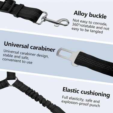 Ремінь безпеки для собак у машину, подвійний, еластичний, регульований з амортизатором та карабіном для маленьких та середніх собак (чорний)