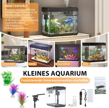 Акваріум Vehipa Nano 9L з підсвічуванням, фільтром, обігрівачем та зволожувачем повітря, UHD-скло, чорний