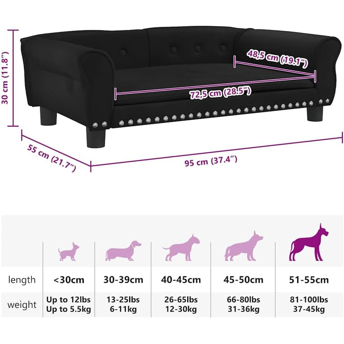 Крісло-ліжко для собак, чорне, з м'якою оббивкою, 95 x 55 x 30 см, для маленьких собак та котів