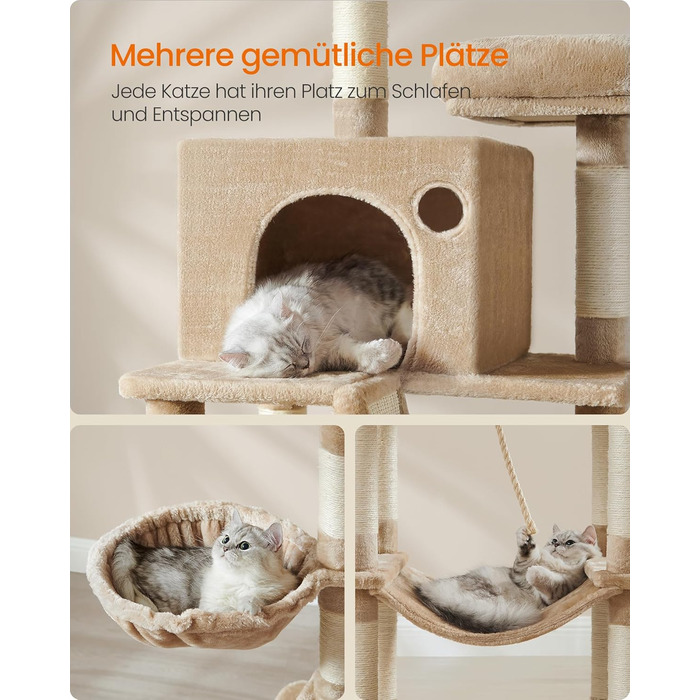 Великий котячий комплекс Feandrea з 13 стовпчиками для дряпання, 2 платформами, 2 печерами, гамаком та кошиком, 168 см, PCT165W01 (XXL, бежево-коричневий)