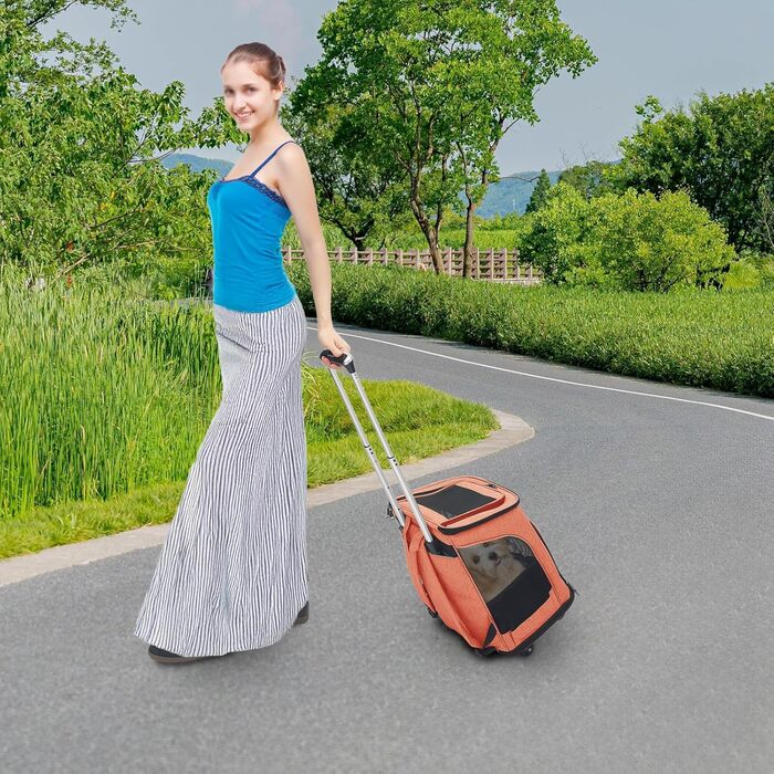 Транспортна переноска для собак та котів з колесами, складана, рюкзак для тварин з телескопічною ручкою, переноска для великих котів та маленьких собак з дихаючою сіткою, рюкзак для домашніх тварин до 9 кг (Помаранчевий)